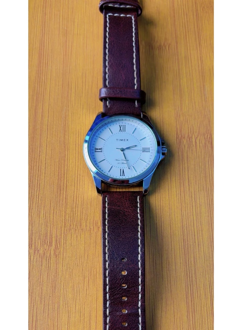 Timex Men's Classic Analog Quartz Watch - White Dial with Roman Numerals, Brown Stitched Leather Strap & Stainless Steel Back (30M Water Resistant) - Pre-Owned (Like Brand New Condition) - Image 4