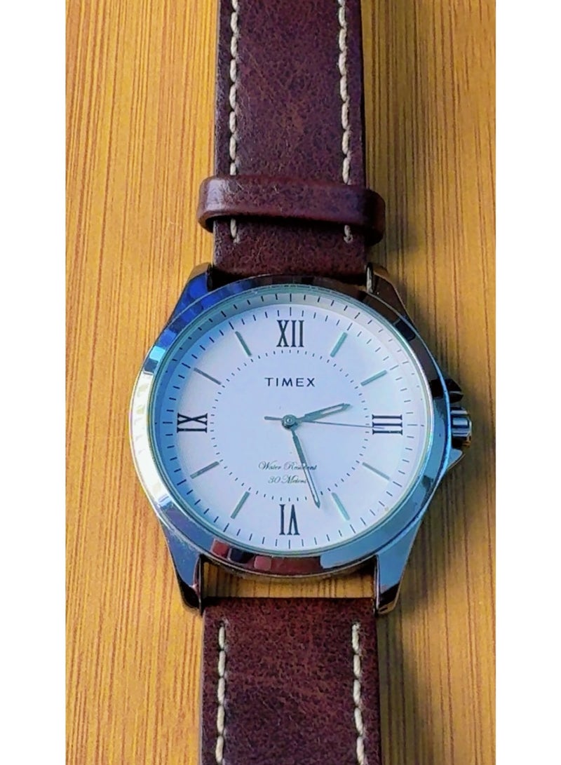Timex Men's Classic Analog Quartz Watch - White Dial with Roman Numerals, Brown Stitched Leather Strap & Stainless Steel Back (30M Water Resistant) - Pre-Owned (Like Brand New Condition) - Image 3