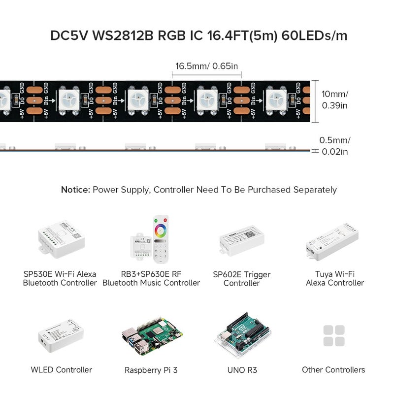 BTF-LIGHTING WS2812B IC RGB 5050SMD Pure Gold Individual Addressable LED Strip 16.4FT 300LED 60Pixel/m Flexible Full Color IP30 DC5V for DIY Chasing Color Project(No Adapter or Controller) - Image 3