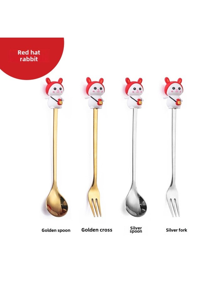 W Cartoon Doll Spoon Q Version Christmas Spoon Mixing Spoon Cute Lucky Bag Rabbit Fork Dessert Spoon With Hand Gift Spoon Fork-Color:Gold-spoon-Specifications:Red Hat Rabbit  - Image 1