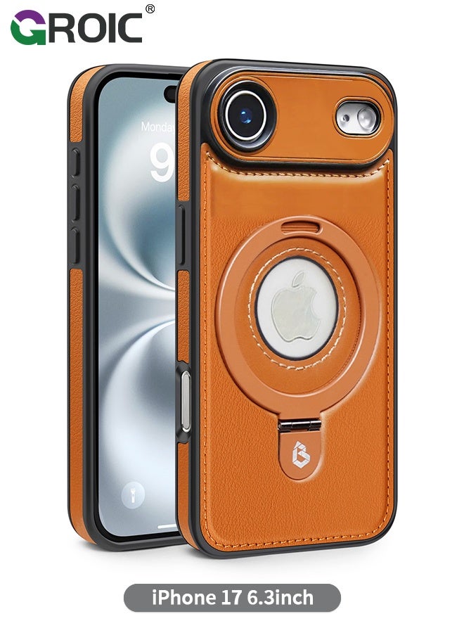 GROIC Designed for iPhone 17 Air Standing Case, Leather Magnetic Phone Cover for iPhone 17 Air, Invisible Ring Holder Stand Logo Hole Back Cover, Vegan, Luxury, Elegant (Brown) - Image 1