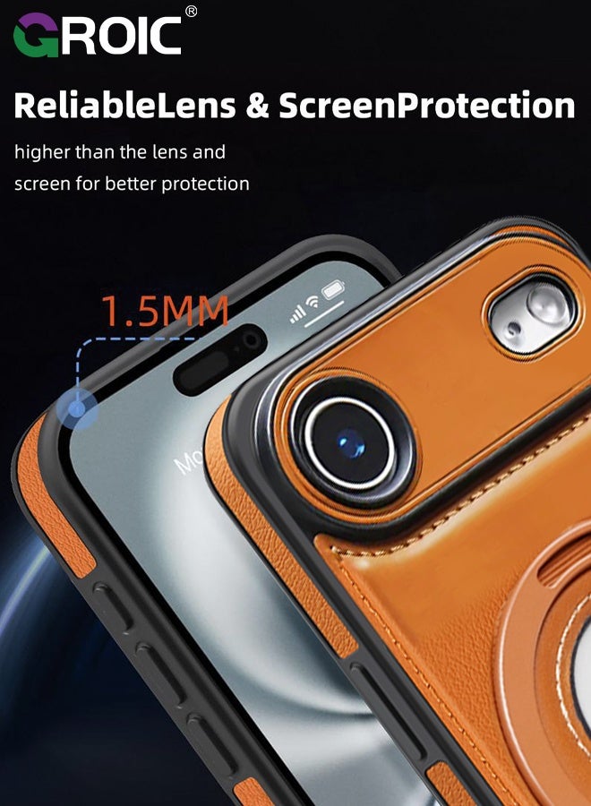 GROIC Designed for iPhone 17 Air Standing Case, Leather Magnetic Phone Cover for iPhone 17 Air, Invisible Ring Holder Stand Logo Hole Back Cover, Vegan, Luxury, Elegant (Brown) - Image 3