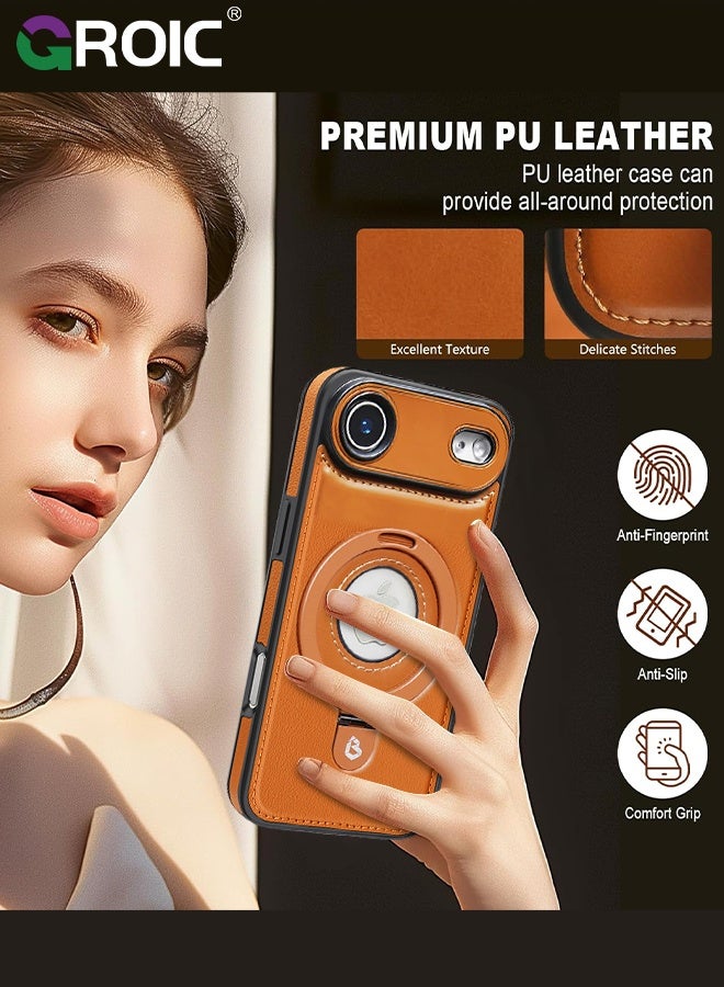 GROIC Designed for iPhone 17 Air Standing Case, Leather Magnetic Phone Cover for iPhone 17 Air, Invisible Ring Holder Stand Logo Hole Back Cover, Vegan, Luxury, Elegant (Brown) - Image 2