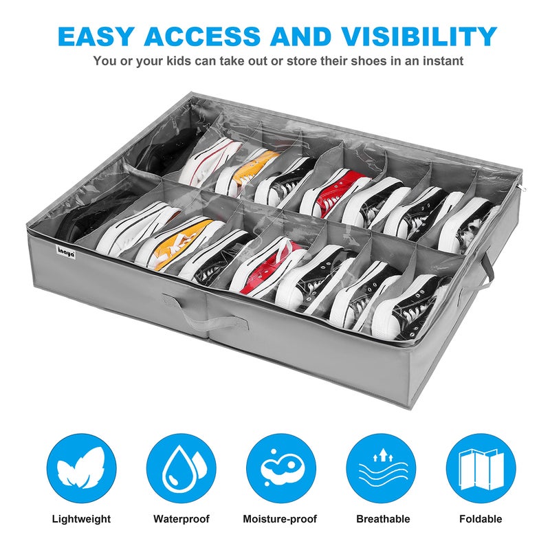 INAYA Under Bed Shoe Storage Organizer Set of 2, Fits 32 Pairs, Underbed Shoe Box Storage Containers Adjustable Dividers w/Bottom Support, Clear Foldable Shoes Storage w/Reinforced Handles - Image 2