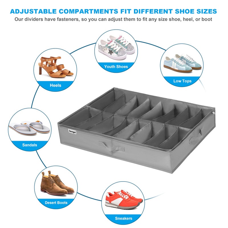 INAYA Under Bed Shoe Storage Organizer Set of 2, Fits 32 Pairs, Underbed Shoe Box Storage Containers Adjustable Dividers w/Bottom Support, Clear Foldable Shoes Storage w/Reinforced Handles - Image 3