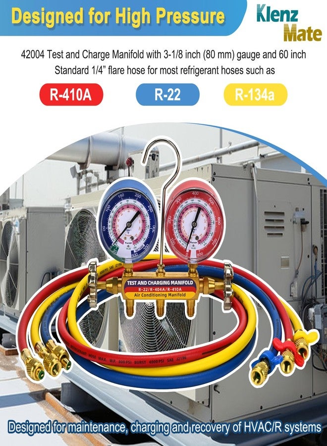 KlenzMate 2025 Upgrade 42004 Test and Charging Manifold with 3-1/8" (80 mm) Color-Coded Gauges,HVAC Gauges with Hoses,Plus II Hose Standard 1/4" Flare Fittings, 60",psi, R-22/404A/410A,Red/Blue Gauges - Image 2
