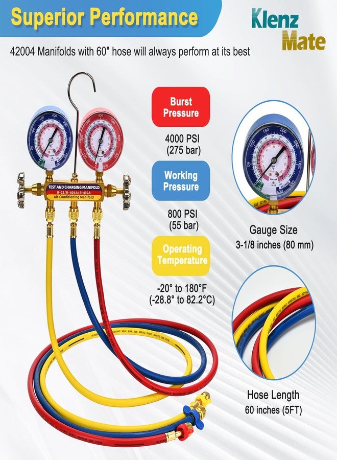 KlenzMate 2025 Upgrade 42004 Test and Charging Manifold with 3-1/8" (80 mm) Color-Coded Gauges,HVAC Gauges with Hoses,Plus II Hose Standard 1/4" Flare Fittings, 60",psi, R-22/404A/410A,Red/Blue Gauges - Image 4