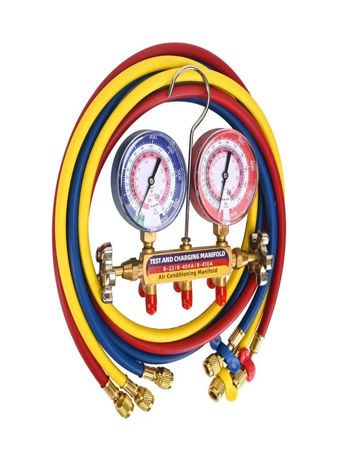 KlenzMate 2025 Upgrade 42004 Test and Charging Manifold with 3-1/8" (80 mm) Color-Coded Gauges,HVAC Gauges with Hoses,Plus II Hose Standard 1/4" Flare Fittings, 60",psi, R-22/404A/410A,Red/Blue Gauges - Image 1