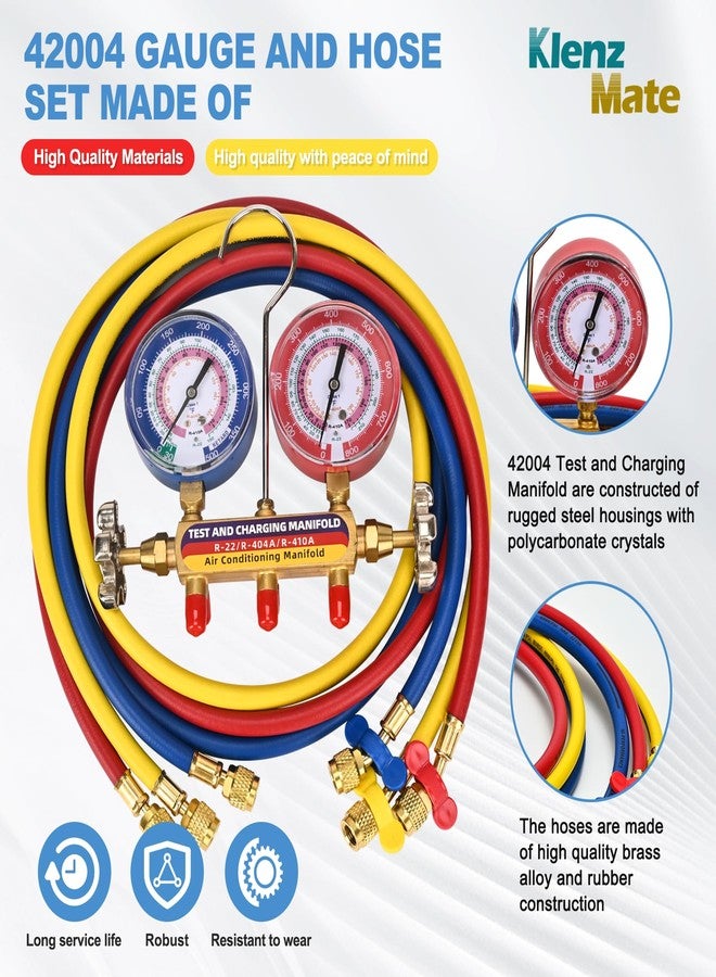 KlenzMate 2025 Upgrade 42004 Test and Charging Manifold with 3-1/8" (80 mm) Color-Coded Gauges,HVAC Gauges with Hoses,Plus II Hose Standard 1/4" Flare Fittings, 60",psi, R-22/404A/410A,Red/Blue Gauges - Image 3
