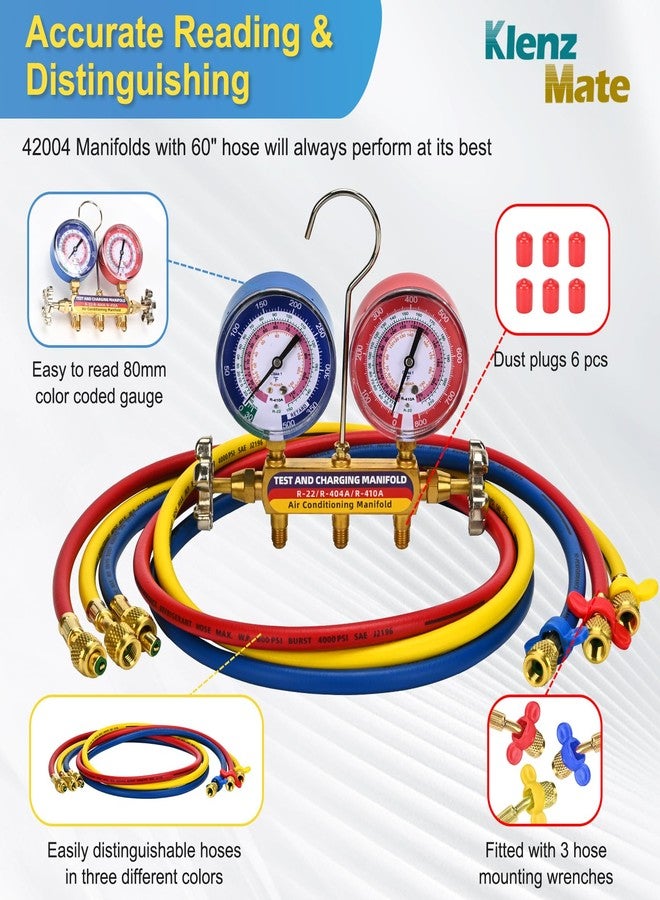 KlenzMate 2025 Upgrade 42004 Test and Charging Manifold with 3-1/8" (80 mm) Color-Coded Gauges,HVAC Gauges with Hoses,Plus II Hose Standard 1/4" Flare Fittings, 60",psi, R-22/404A/410A,Red/Blue Gauges - Image 5