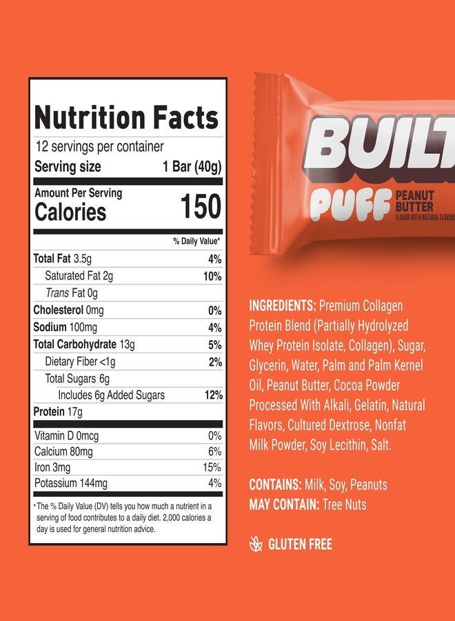 Built Bar, Puff Protein Bars, Peanut Butter Puff, 17g Protein Snacks, On-The-Go Bars, Only 150 Calories, 6g Sugar, Collagen, Gluten Free, 12 Count - Image 5