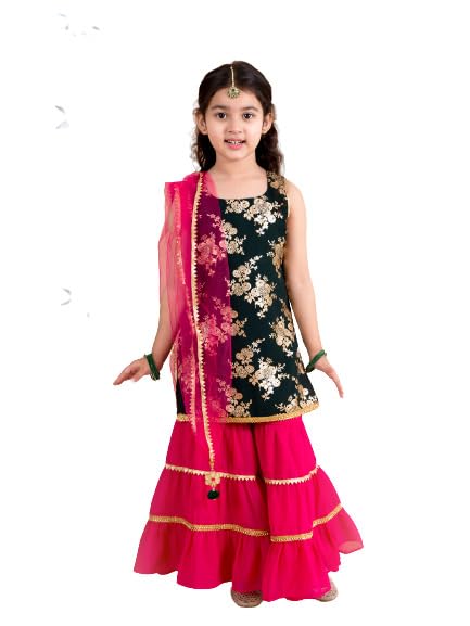 Pspeaches Girls Floral Printed Panelled Kurti With Skirt With Dupatta (Green-6-7Y) - Image 1