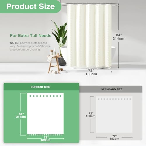 Dynamene Extra Long Shower Curtains, 84 Inches Long Boho Tufted Chevron Striped Fabric Shower Curtains for Bathroom, Tall Minimalist Chic Waterproof Cloth Shower Curtain Set with Hook, Cream, 72x84 - Image 3