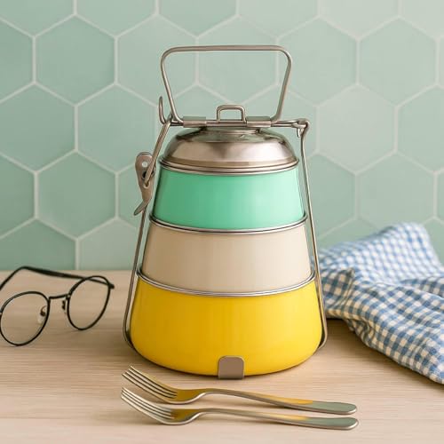 Elan Dabbawala 3 Compartment Tiffin Box, Stainless Steel Lunch Box, Pyramid Shape Traditional Indian Lunch Box, (Yellow-Ivory-Aqua) - Image 1