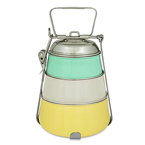 Elan Dabbawala 3 Compartment Tiffin Box, Stainless Steel Lunch Box, Pyramid Shape Traditional Indian Lunch Box, (Yellow-Ivory-Aqua) - Image 5