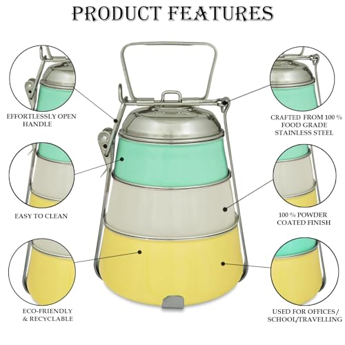 Elan Dabbawala 3 Compartment Tiffin Box, Stainless Steel Lunch Box, Pyramid Shape Traditional Indian Lunch Box, (Yellow-Ivory-Aqua) - Image 3