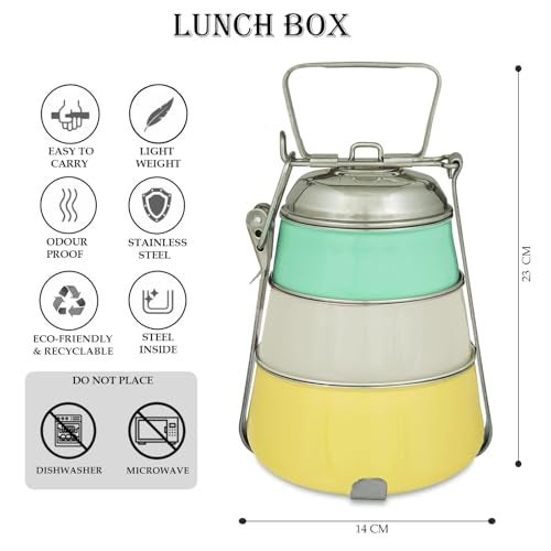 Elan Dabbawala 3 Compartment Tiffin Box, Stainless Steel Lunch Box, Pyramid Shape Traditional Indian Lunch Box, (Yellow-Ivory-Aqua) - Image 2