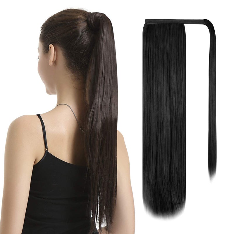 BARSDAR Straight Ponytail Extension  24 Inch Long Straight Wrap Around Ponytail for Women Clip in Ponytail Hair Extensions Synthetic Black Hair Pony Tails Hairpieces Daily  Black
