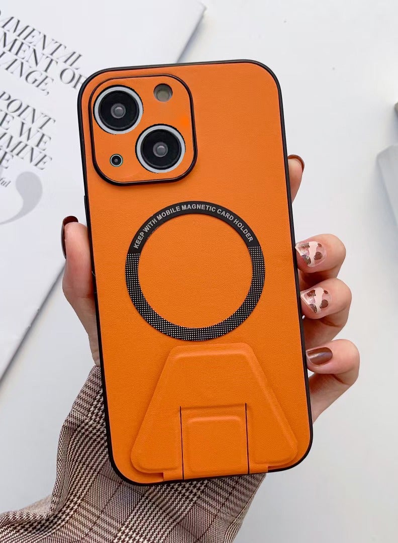 LEEKA حافظة جلدية LEEKA Magsafe للشحن اللاسلكي لهاتف iPhone 14 Plus 13 Mini 12 11 Pro Max XS XR مع حامل حلقي خلفي لهاتف Apple iPhone 14 (برتقالي) - Image 1