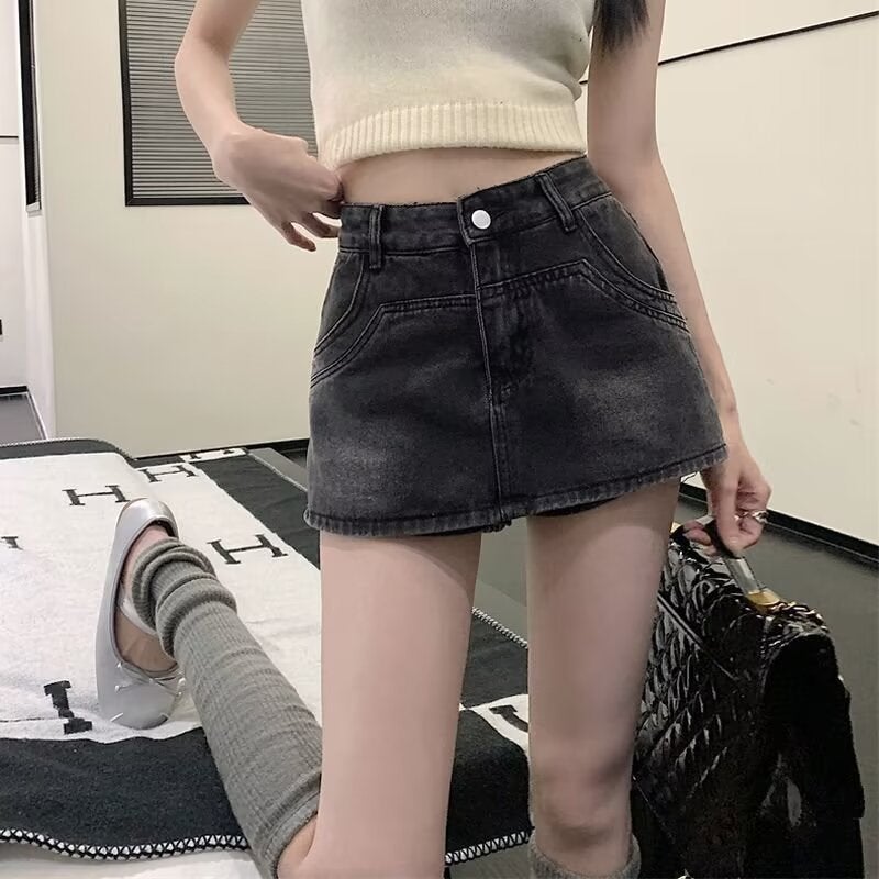 American Style Retro High Waist Denim Skirt Womens Summer New Hot Girl Hip Skirt A- Line Skirt Skirt Culottes black gray - Image 2