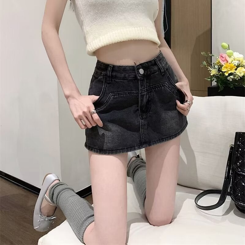 American Style Retro High Waist Denim Skirt Womens Summer New Hot Girl Hip Skirt A- Line Skirt Skirt Culottes black gray - Image 4