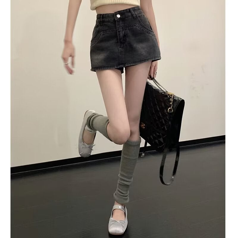 American Style Retro High Waist Denim Skirt Womens Summer New Hot Girl Hip Skirt A- Line Skirt Skirt Culottes black gray - Image 5