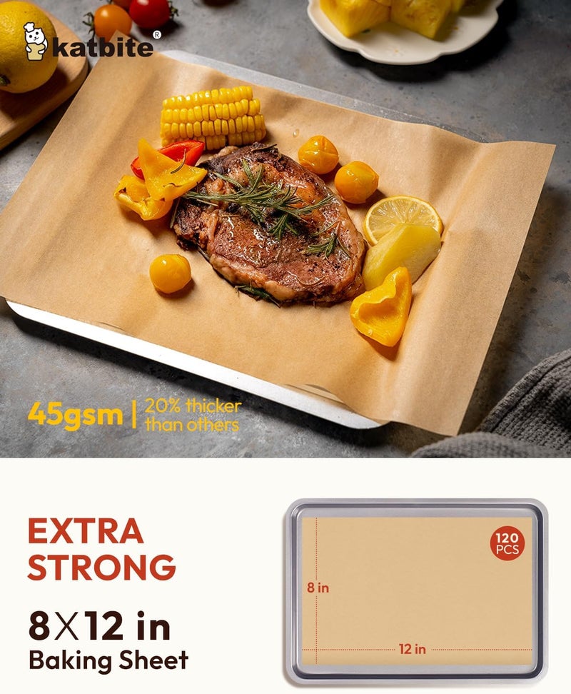 katbite 120Pcs 8x12 inches Parchment Paper Sheets, Heavy Duty Unbleached Baking Paper, Pre-cut Parchment Paper for Baking, Air Fryer, Grilling, Steaming - Image 2