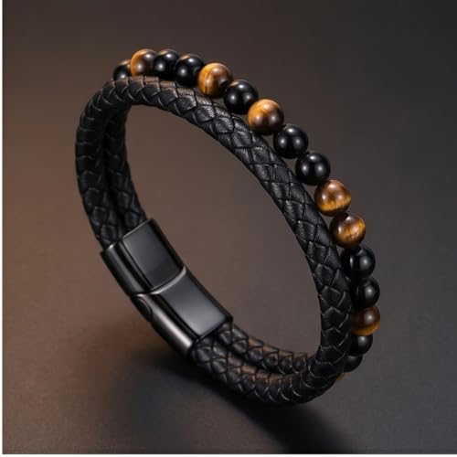 THE MEN THING NATURAL TIGER EYE HEALER - Natural Healing Beads - Tiger Eye Stone & Black Onyx Leather with Stainless Steel Magnetic Buckle for Men & Boys (7.5inch) - Image 4
