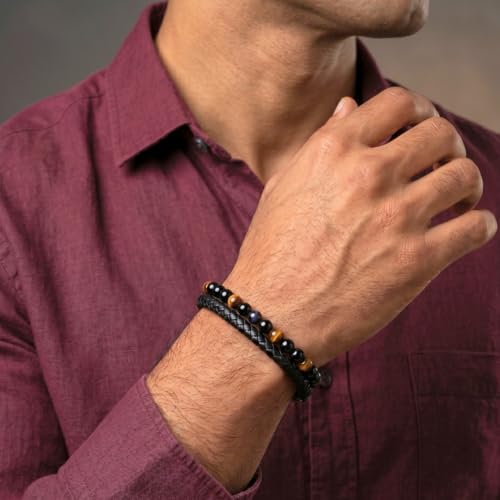 THE MEN THING NATURAL TIGER EYE HEALER - Natural Healing Beads - Tiger Eye Stone & Black Onyx Leather with Stainless Steel Magnetic Buckle for Men & Boys (7.5inch) - Image 2