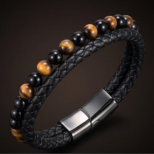 THE MEN THING NATURAL TIGER EYE HEALER - Natural Healing Beads - Tiger Eye Stone & Black Onyx Leather with Stainless Steel Magnetic Buckle for Men & Boys (7.5inch) - Image 3