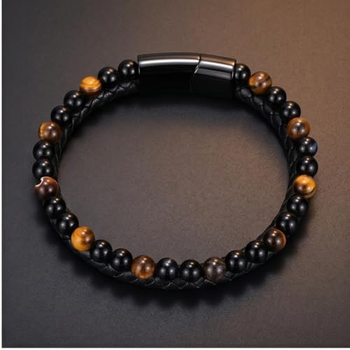 THE MEN THING NATURAL TIGER EYE HEALER - Natural Healing Beads - Tiger Eye Stone & Black Onyx Leather with Stainless Steel Magnetic Buckle for Men & Boys (7.5inch) - Image 5
