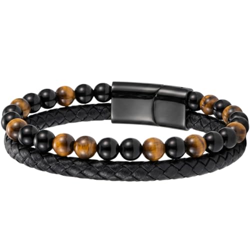 THE MEN THING NATURAL TIGER EYE HEALER - Natural Healing Beads - Tiger Eye Stone & Black Onyx Leather with Stainless Steel Magnetic Buckle for Men & Boys (7.5inch) - Image 1