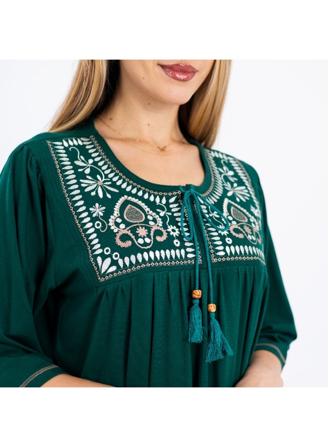 zecotex  Women's 100% Natural Cotton Mid-Length Nightgown - Emerald Green with Classic White Embroidery & Tassel Detail. - Image 2