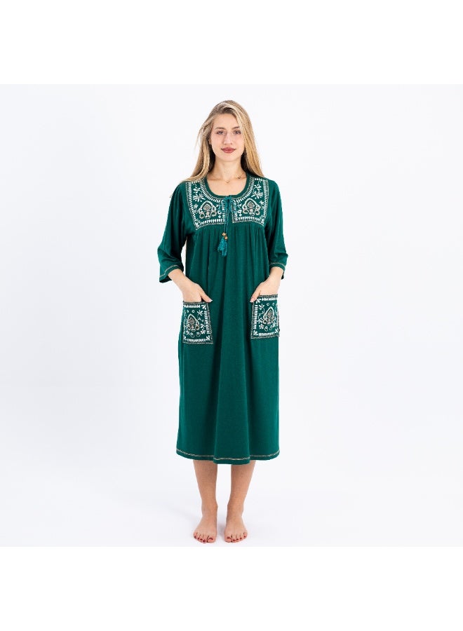 zecotex  Women's 100% Natural Cotton Mid-Length Nightgown - Emerald Green with Classic White Embroidery & Tassel Detail. - Image 1