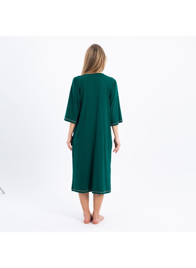 zecotex  Women's 100% Natural Cotton Mid-Length Nightgown - Emerald Green with Classic White Embroidery & Tassel Detail. - Image 4