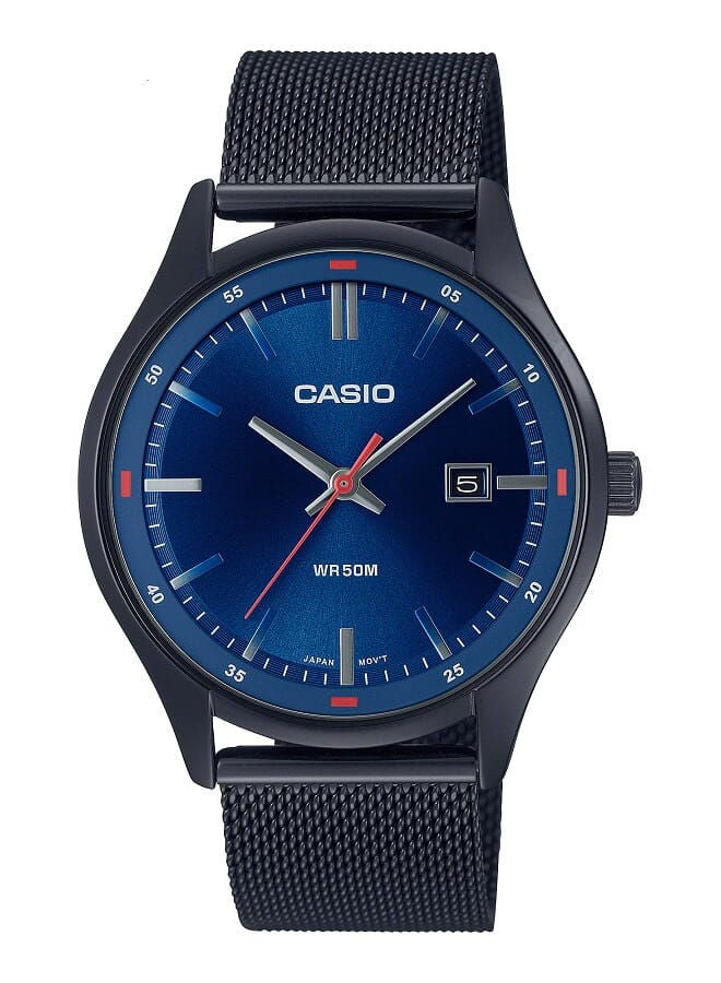 CASIO Men Watch Analog Date Display Blue Dial Stainless Steel Mesh Band Black Ion Plated Case MTP-E710MB-2AVDF - Image 1