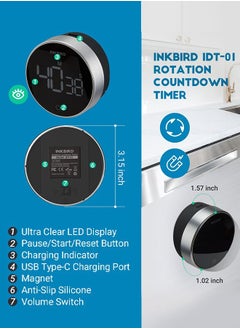 INKBIRD INKBIRD Digital Kitchen Timer IDT-01 Countdown Timer With Ultra Clear LED Screen Rotate Control Stopwatch Magnetic Back Adjustable Alarm 500mAH Rechargeable Battery Big Digits  - Image 2