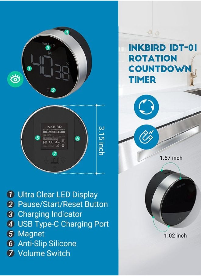 إنك بيرد مؤقت المطبخ الرقمي INKBIRD موديل IDT-01 - عداد تنازلي بشاشة LED فائقة الوضوح، تحكم دوار، ساعة إيقاف، قاعدة مغناطيسية، منبه قابل للتعديل، بطارية قابلة للشحن 500 مللي أمبير/ساعة، وأرقام عملاقة  - Image 2
