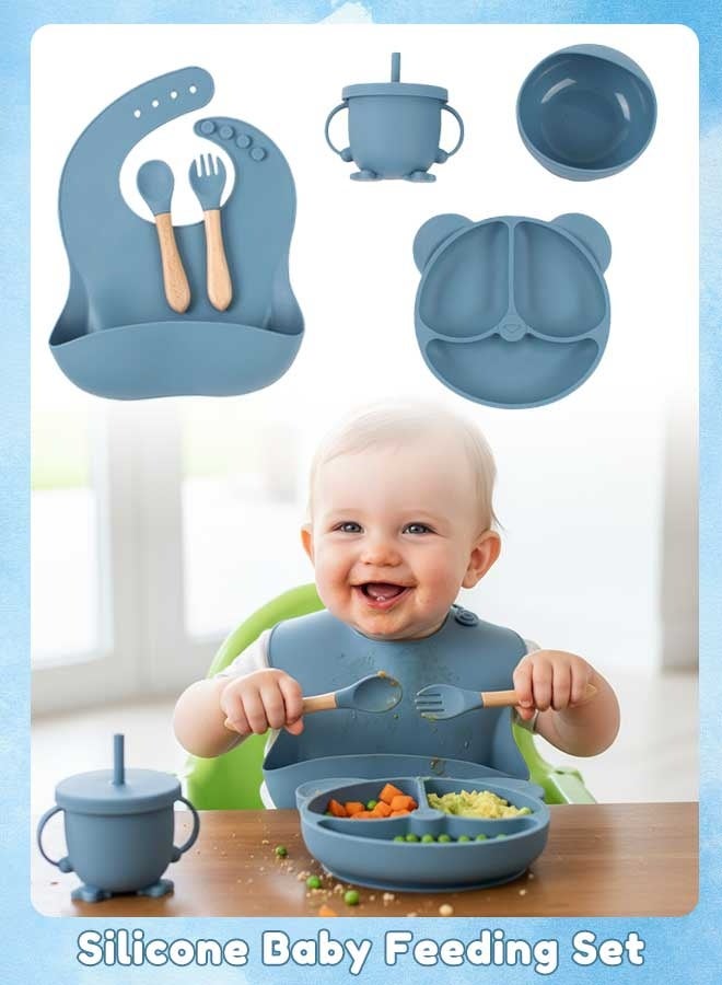 Sharpdo Silicone Baby Tableware Set, 6 Piece Baby Feeding Set with Suction Bowl and Divided Plate, Sippy Cup, Wooden Spoon and Fork, Toddler  Led Weaning Supplies with Adjustable Soft Silicone Bib - Image 1