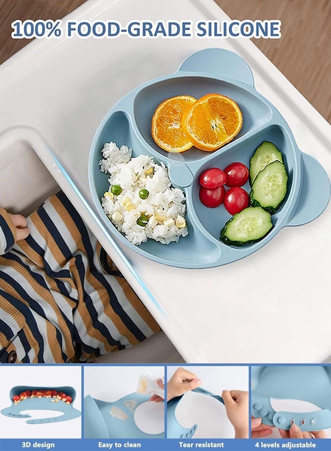 Sharpdo Silicone Baby Tableware Set, 6 Piece Baby Feeding Set with Suction Bowl and Divided Plate, Sippy Cup, Wooden Spoon and Fork, Toddler  Led Weaning Supplies with Adjustable Soft Silicone Bib - Image 3