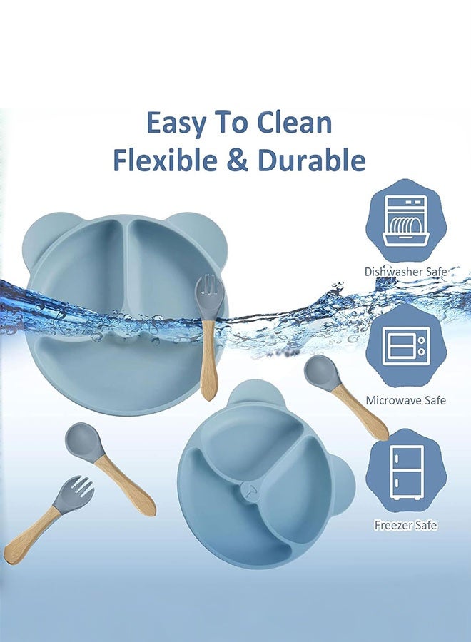 Sharpdo Silicone Baby Tableware Set, 6 Piece Baby Feeding Set with Suction Bowl and Divided Plate, Sippy Cup, Wooden Spoon and Fork, Toddler  Led Weaning Supplies with Adjustable Soft Silicone Bib - Image 4