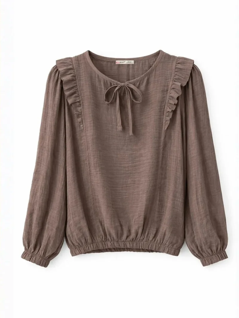 Mixray Coffee Brown MIXRAY Textured Frilly Crew Neck Blouse for Women | Best Price UAE