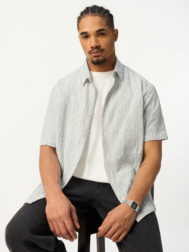 The Souled Store  The Souled Store: Linear Men and Boys Short Sleeve Spread Collar Light Grey Textured Polyester Blend Oversized Shirt  | Best Price UAE