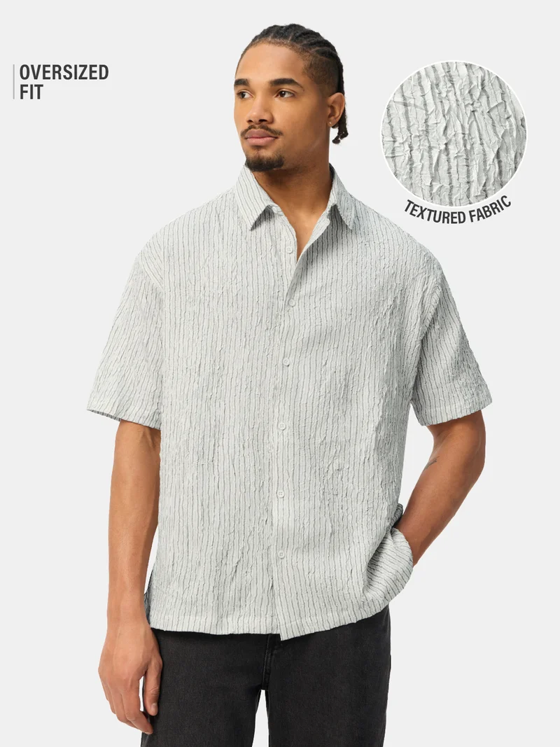 The Souled Store The Souled Store: Linear Men and Boys Short Sleeve Spread Collar Light Grey Textured Polyester Blend Oversized Shirt
