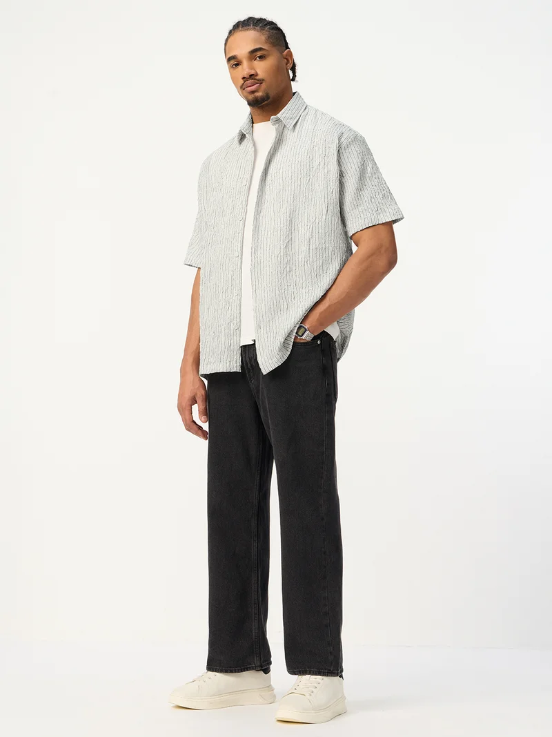 The Souled Store  The Souled Store: Linear Men and Boys Short Sleeve Spread Collar Light Grey Textured Polyester Blend Oversized Shirt  | Best Price UAE
