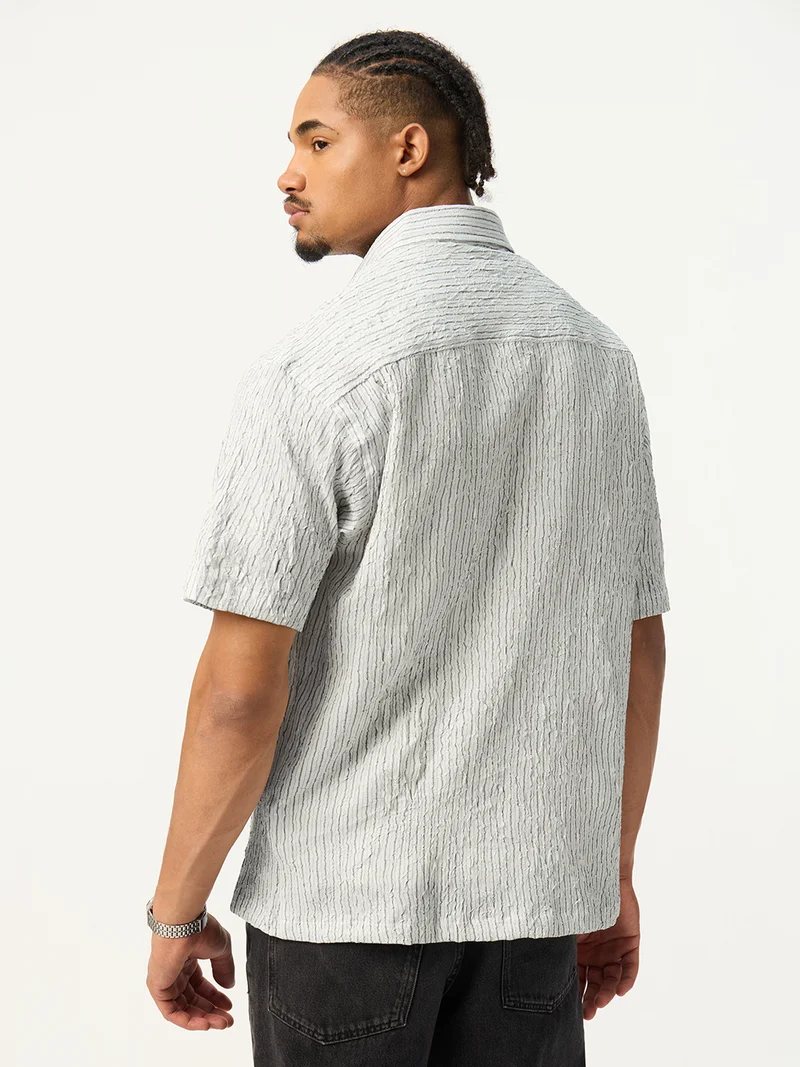 The Souled Store  The Souled Store: Linear Men and Boys Short Sleeve Spread Collar Light Grey Textured Polyester Blend Oversized Shirt  | Best Price UAE