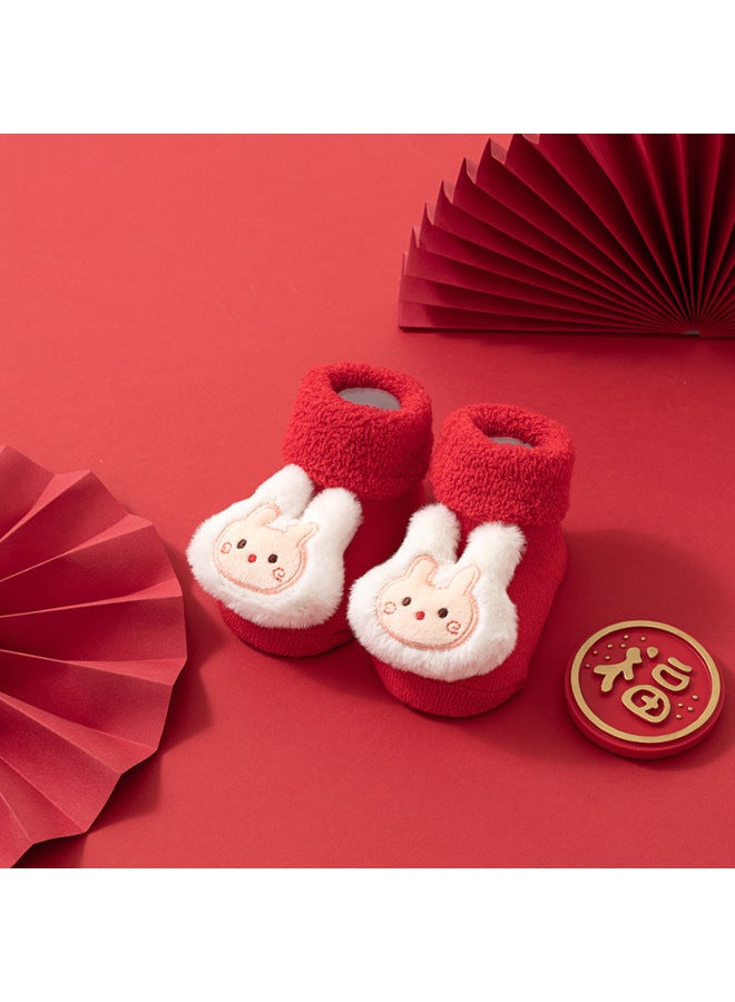 Newborn Baby Big Red Terry Autumn And Winter Fleece-lined Thick New Year Socks Baby Cotton Non-slip Floor Socks