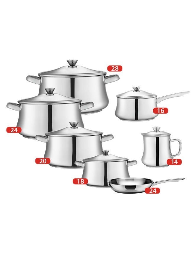 13 Piece Stainless Steel Classic Cooking Set 4 Stewpots 18,20,24,28  Frypan 24  Sauce Pan 16  Milk Pot 14 cm