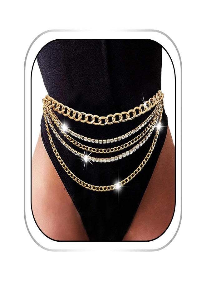 Bmirth Rhinestone Sparkly Waist Chain Gold Layered Waist Chains Crystal Belly Chain Tassels Body Jewelry for Women - Image 1