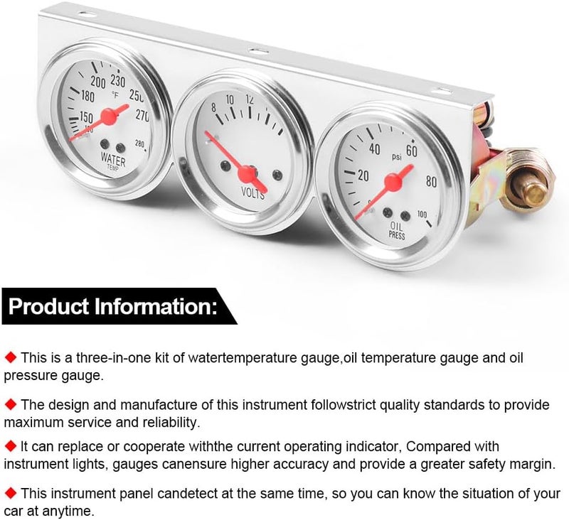 Dyno Racing 2inch 52MM Triple Gauge kit Volt Meter Water Temp Temperature Gauge Oil Press Pressure Gauge Car Meter Triple Gauge Set - Image 2